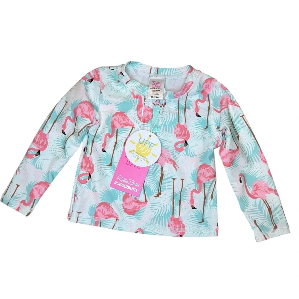 RuffleButts Girls Flamingo Long Sleeve Rash Guard‎ Swim Top UPF 50+ 18-24M NWT